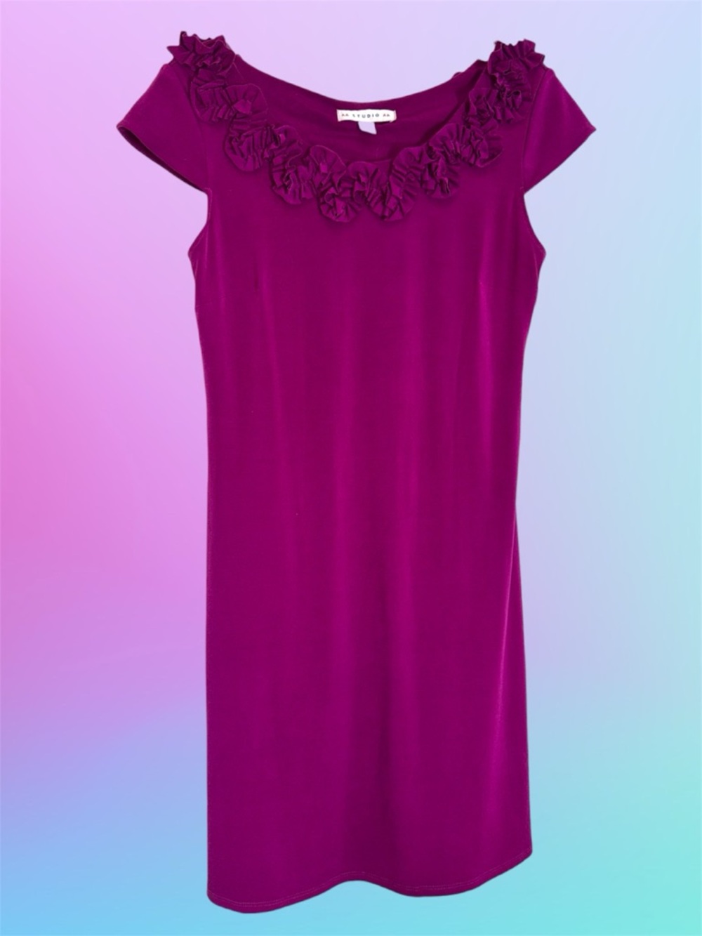 Aa Studio Fuchsia Ruffle Neck Cap Sleeve Shift Style Stretch Midi Dress 8